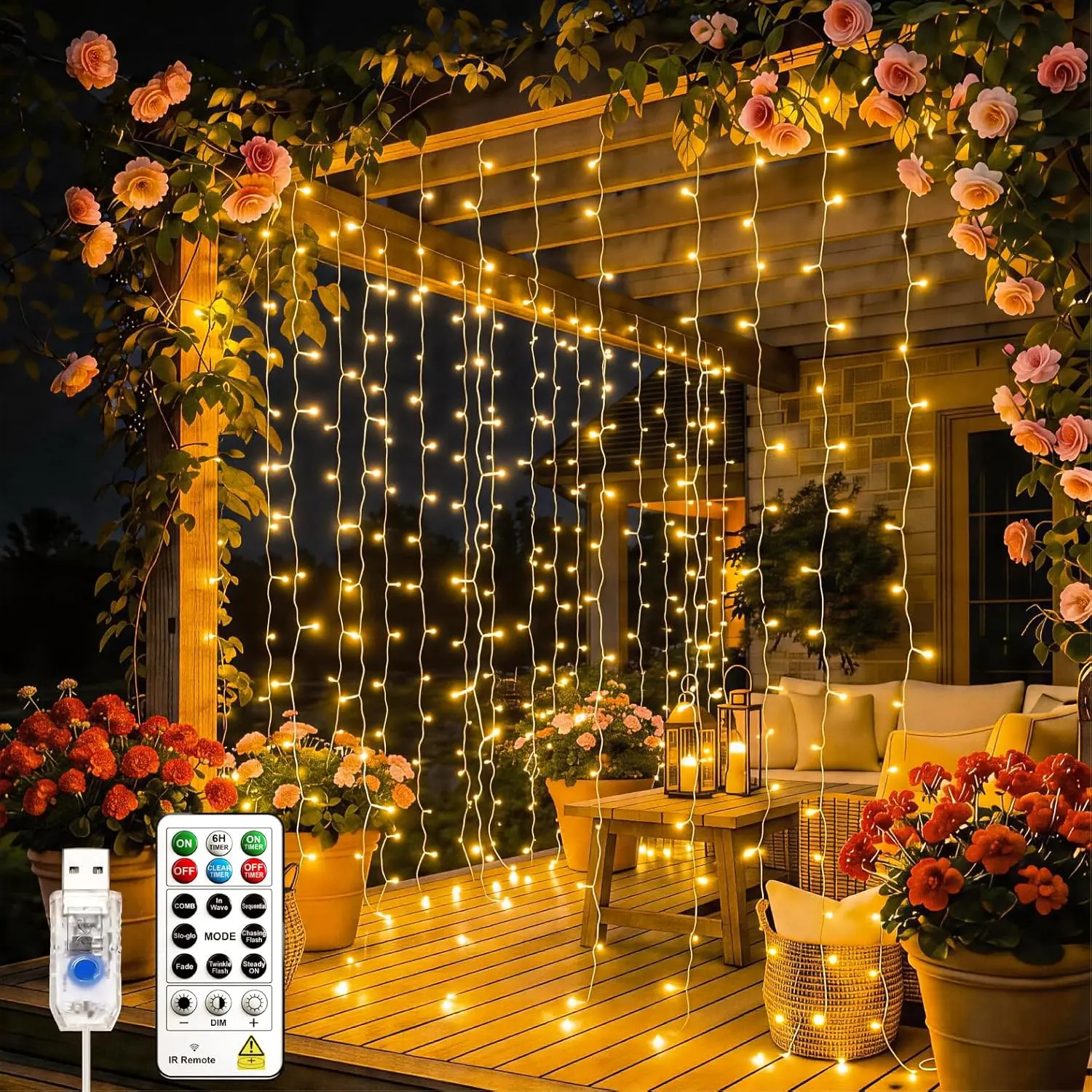 Curtain Light for Bedroom, 200LED 6.6x6.6ft Warm White Window Wall Hanging Fairy Curtain String Light, 8 Modes Remote Fairy String Lights Indoor for Wedding Party Home Garden Decorations