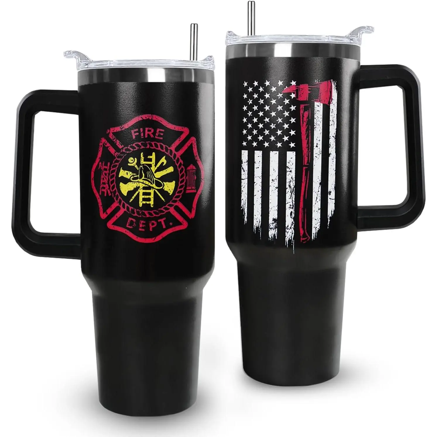 Ceovfoi 40 oz Sturdy American Flag Stainless Steel Vacuum Flask Tumbler - Portable Coffee Mug with Handle, Lid, Straw, Firefighter Birthday Gift for Grandpa, Kitchenware Drinkware Accessory