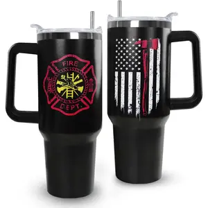 Ceovfoi Firefighter Gifts for Men,40 oz American Flag Tumbler with Handle Lid and Straw Stainless Steel Cups Mug, Firefighter Stuff Supplies Accessories