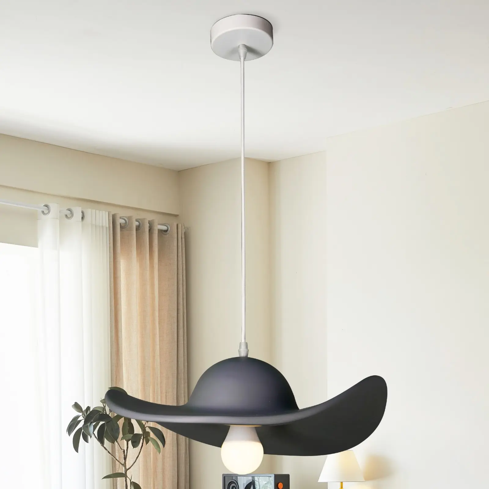 15.8 Inch Modern Gray Hat Shaped Pendant Light, Whimsical Art Decor Hanging Light, E26 Base with Warm Light Bulb Included, 70.8 Inch Adjustable Cord, Wall Control for Kitchen Island Dining Room Bedroom Foyer Cafe