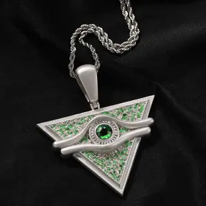 Hip-Hop Style Millennium Puzzle Pendant Necklace — Anime Cosplay Geometric Triangle Design with Green Enamel "Eye" Accent