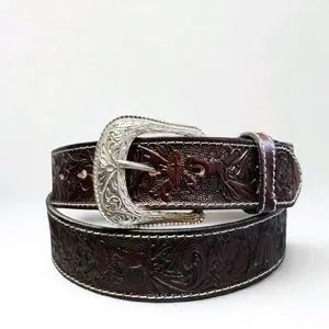 Engraved Leather Belt Classic Cowboy Style Authentic Look