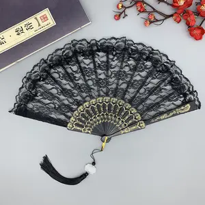 Elegant lace floral folding hand fan with tassel, vintage style, traditional silk handheld fan, portable collapsible for photoshoots and accessory embellishments, stage performance, parties, weddings, cosplay, events decorations, holiday gift