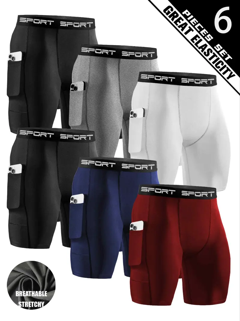6-Pack Men’s Compression Trunks, Quick Dry Performance Sports Underwear Shorts with Pockets, High Stretch Polyester Elastane Athletic Trunks for Gym Workouts, Fitness Training, Sports Activities & Everyday Comfortable Wear