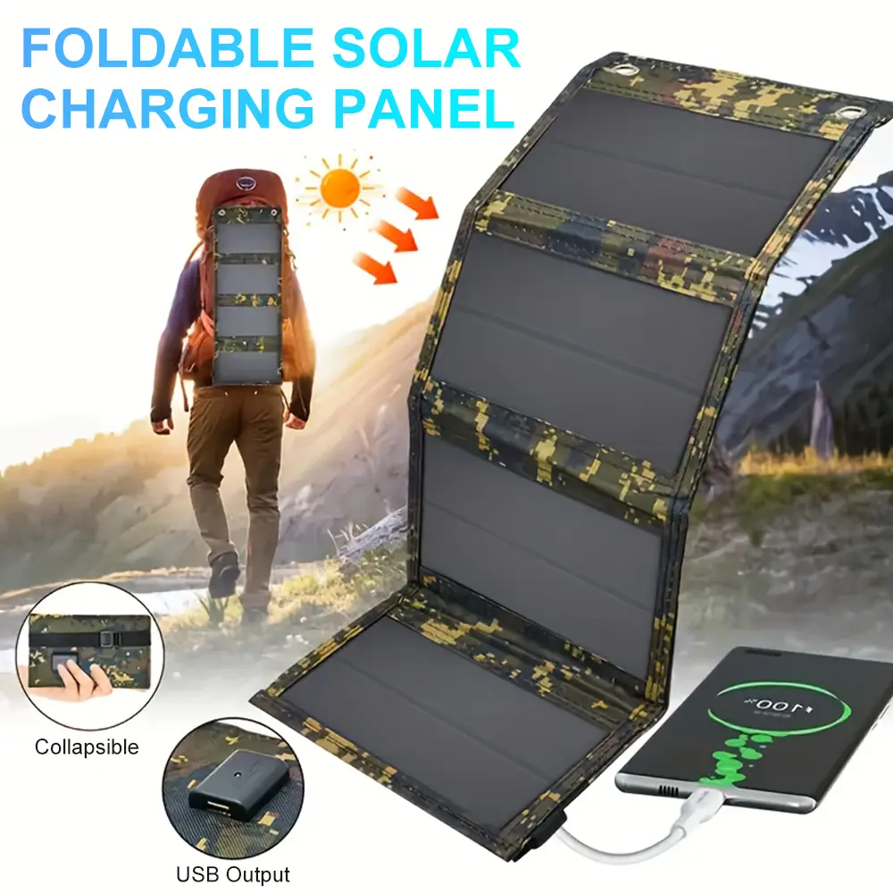 20W Foldable Camo Solar Panel IP65 Waterproof 5V USB Portable Monocrystalline Solar Charger Lightweight Solar Power Pack for Camping Hiking Travel Phone Tablet Flashlight