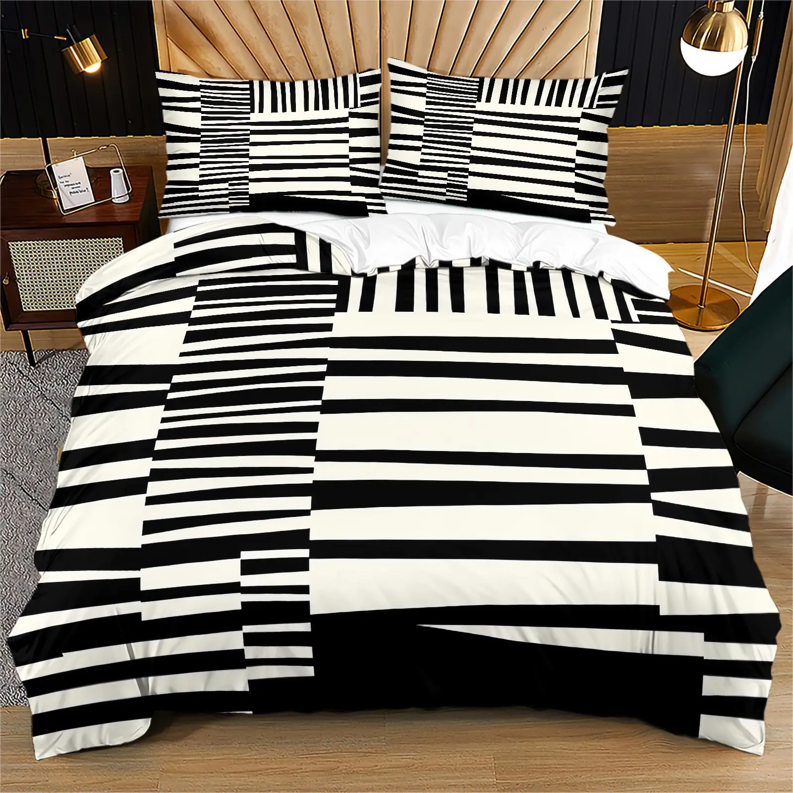 Black & Beige Geometric Abstract Duvet Cover Set, 1 Duvet Cover with 1/2 Pillowcases, Modern Minimalist Bedding for Bedroom, Dorm & Guest Room, Decor for Adults