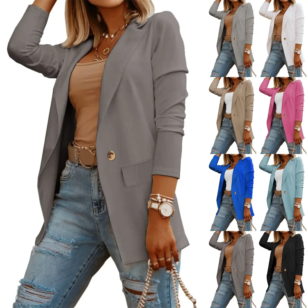 Goranbon Womens Casual Long Sleeve Blazers Solid Color Knit Blazer Work Office Button Down Blazer Jacket Formal Womenswear