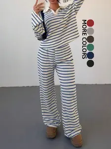 Spring & Fall Women's Striped Knit Fitted Long Sleeve Top, Casual Below-The-Ankles Pants Set, Athletic, Sporty Style, Loose Fit, No Ca Prop 65