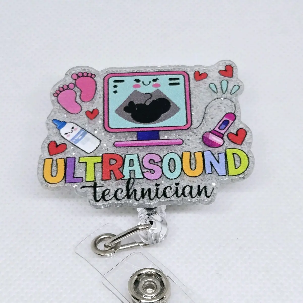 Ultrasound Technician Glitter Acrylic Retractable Badge ID Reel Belt or Alligator Clip id badge hospital worker