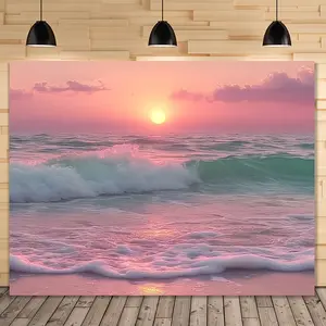 2D Flat Banner 1pc Beach Sunset Wave Pattern Background Cloth, Polyester Fabric Backdrop, Durable Polyester Fabric, Ideal for Room Decor, Bedroom and Living Room, Party Decoration