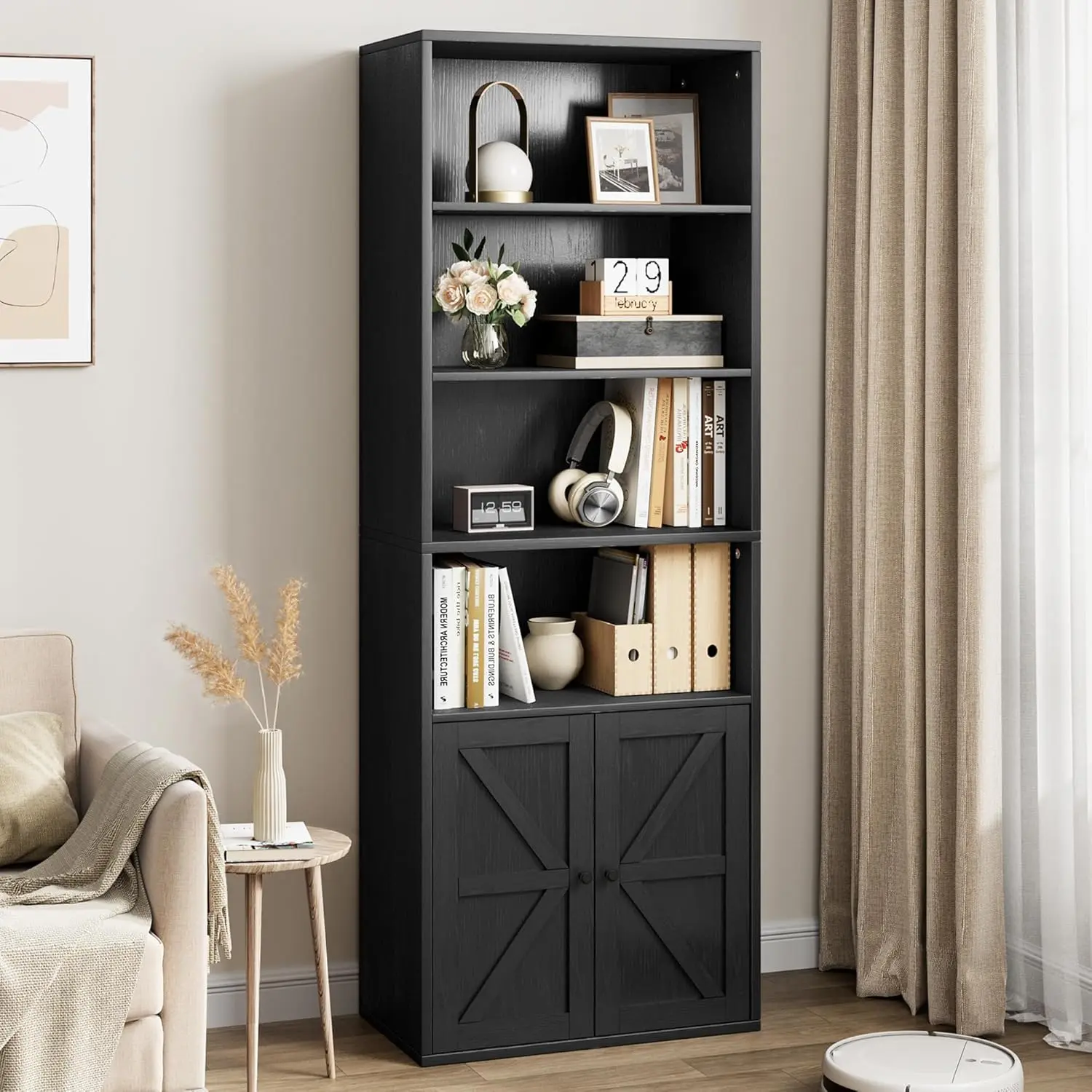【Christmas Gift】Black Industrial Country Rustic MDF Wood Bookshelf Rack, 6-Shelf 71.4in Tall 11.8in Depth Unit with Doors & Adjustable ft (Step-by-Step Assembly, Protects Ground from Scratches) for Bedroom, Kitchen