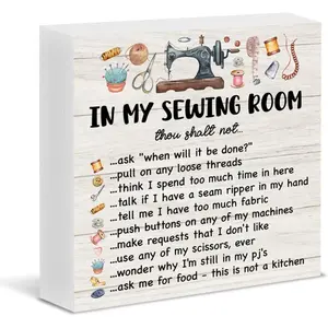 Sewing Craft Room Wood Block Sign Rustic Design Vintage Plaque Decor Decoration Items Home Decor Products Decor Gifts for Sewing Lover Quilters Crafters Crocheter 5x5inch