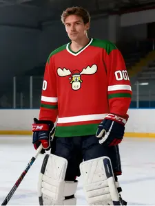 Men's Christmas Theme Hockey Jersey, Long Sleeve Sports Shirt, Deer Cartoon Pattern, Size 00, Lightweight Breathable, Best Gift