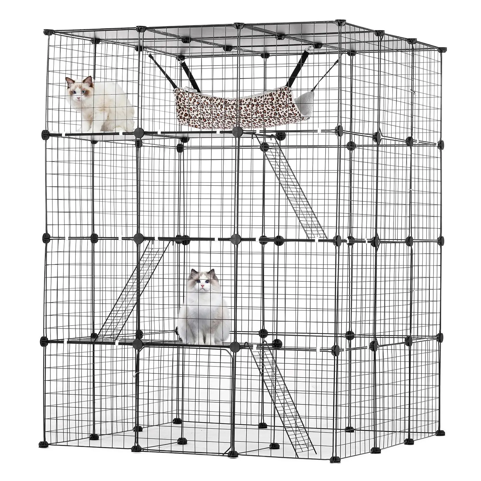 【Summerfinds】VEVOR 4-Tier Large Wire Metal Enclosed Escape-Proof Kennel, 41x41x55in Detachable Pet Crate with 4 Front Doors, Hammock, Ramp, Ladders, for Kitties, Indoor-Outdoor Use (Black)