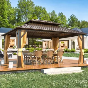 Jolydale Hardtop Gazebo with 4 LED Lights, Outdoor Gazebo with Galvanized Steel Double Roof, Patio Gazebo with Breathable Netting & Privacy Curtain, Decor Hooks for Backyard, Brown