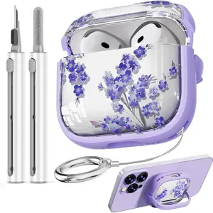 BASIC SUPPLY with Safety Lock for AirPods 4 Case,Clear Floral Cute AirPod 4th Generation Case for Women Girly with Cleaner Kit and Keychain- Purple Flower
