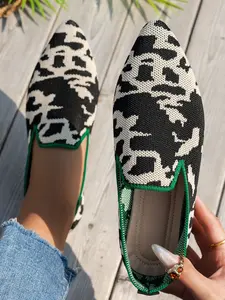Camouflage Pattern Knitted Pointed Toe Flat Shoes, Breathable Slip-On Soft Bottom Commuter Shoes for Women, Elegant PU Leather Design Breathable Flats, Casual Flats