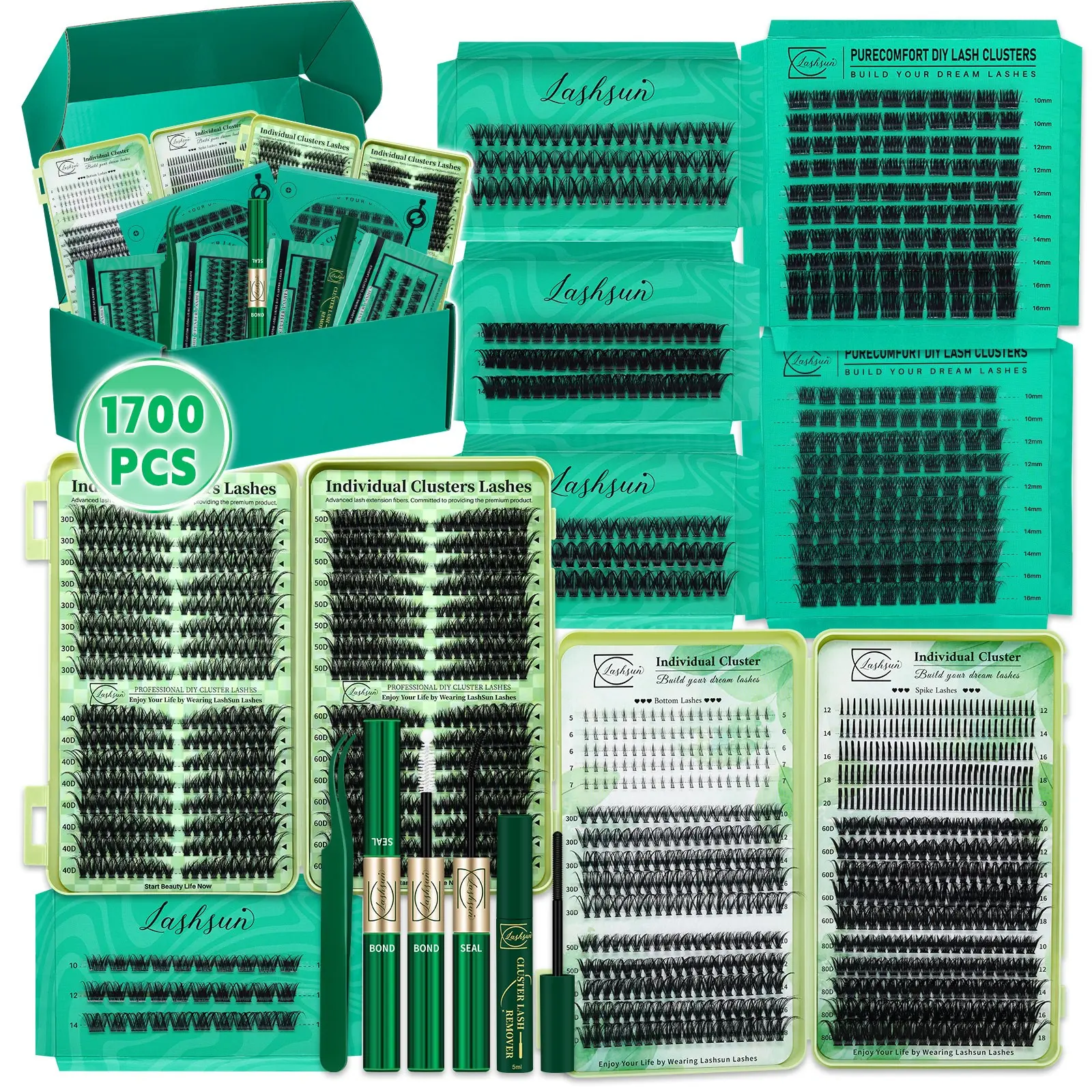 Lashsun 1700PCS D Curl 13 Styles EyeLash Clusters Kit, DIY Cluster Lashes, Eyelash Extensions, DIY Volume Eyelashes, Bottom/Spiky/Volume DIY Individual Clusters Lash, Set with Bond&Seal Remover Tweezers, Perfect for Beginners & Proficient, DIY at Home