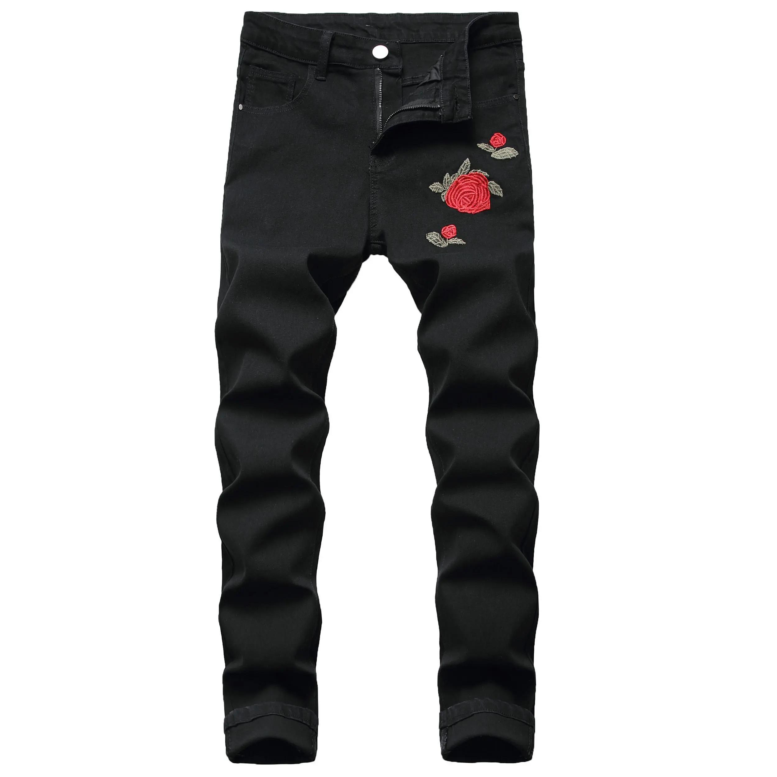 Men's stretch slim jeans Fashion rose embroidered black pants slim  jeans jean denim straight leg skinny slim slim fit