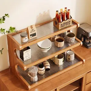 Bamboo Kitchen Counter Shelf, 1 Count Multipurpose Storage Rack, Easy To Assemble, Multifunctional Storage Rack for Coffee Bag, Spice and Cookware, Coffee Accessories, Countertop Spice Shelf