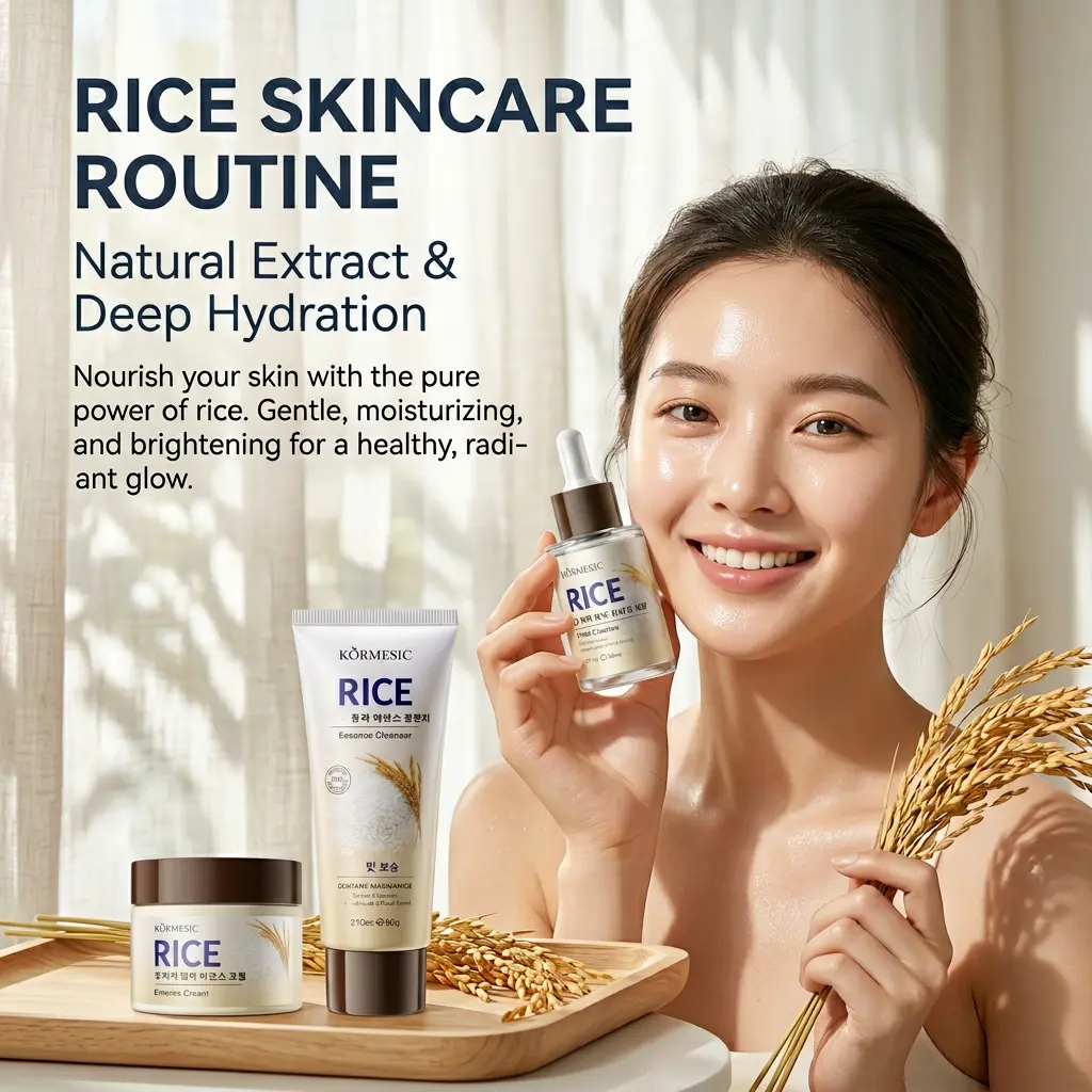 KORMESIC Korean Rice Skin Care Set - 3-Piece TSA-Approved Travel Kit with Facial Cleanser, Essence, Face Cream for Women, Hydrating Moisturizer, Radiant Skin & Collagen Hyaluronic Support, Hydrate