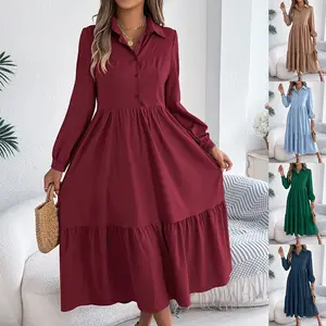 Women's High-Waist Polyester Casual Loose Shirt Dress - Lapel Collar, Long Sleeve, Ruffled, Single-Breasted, Comfortable Fabric, Casual Wear for Spring Autumn Vacation