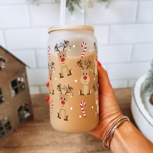 Christmas 16oz Glass Cup with Lid & Plastic and Glass Straws, Holiday Gingerbread Reusable Tumbler