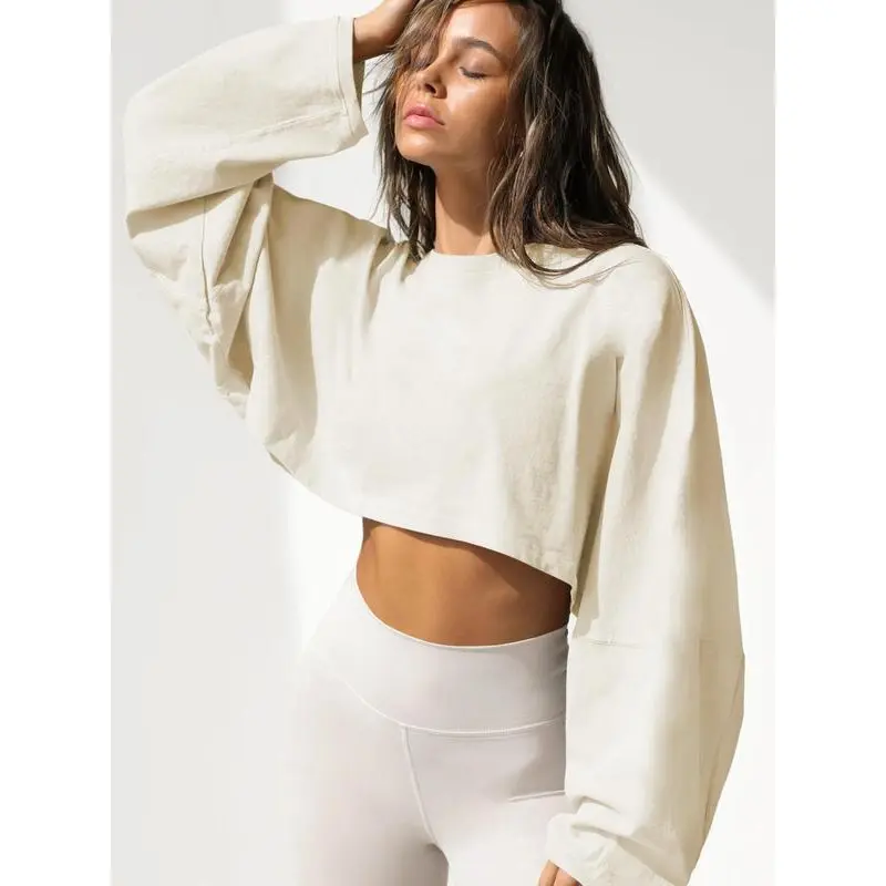 Women's Plain Batwing Sleeve Crop Sweatshirt, Street Casual Drop Shoulder Round Neck Pullover for Fall, Ladies Clothes for Daily Wear