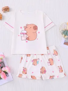 2-Piece Cute Capybara Print Pajama Set, Cartoon Print Pajama, Cartoon Pattern Pajamas, Casual Relaxed Sleepwear for Kids and Teens, Perfect for Daily Fashion or Home Parties, Pajama Outfit, Soft Casual Pajamas
