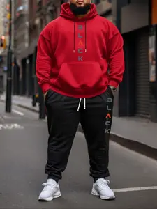 Plus Size Letter Print Zip-Up Hoodie & Sweatpants Set, Casual Long Sleeve Hooded Sweatshirt & Jogger Pants, Men's 2-Piece Streetwear Apparel Tracksuit Set for Fall & Winter