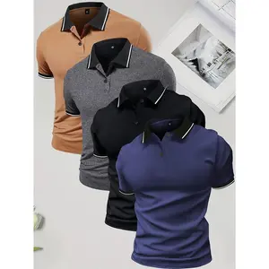 4-Pack Men'S Summer Polo Shirts, Solid Color Short Sleeve, Regular Fit, Knit Fabric, Polyester 95%, Elastane 5%, Lapel Collar, Button Detail, Slight Stretch, Casual Sportswear Tops Menswear Beige polo shirt men