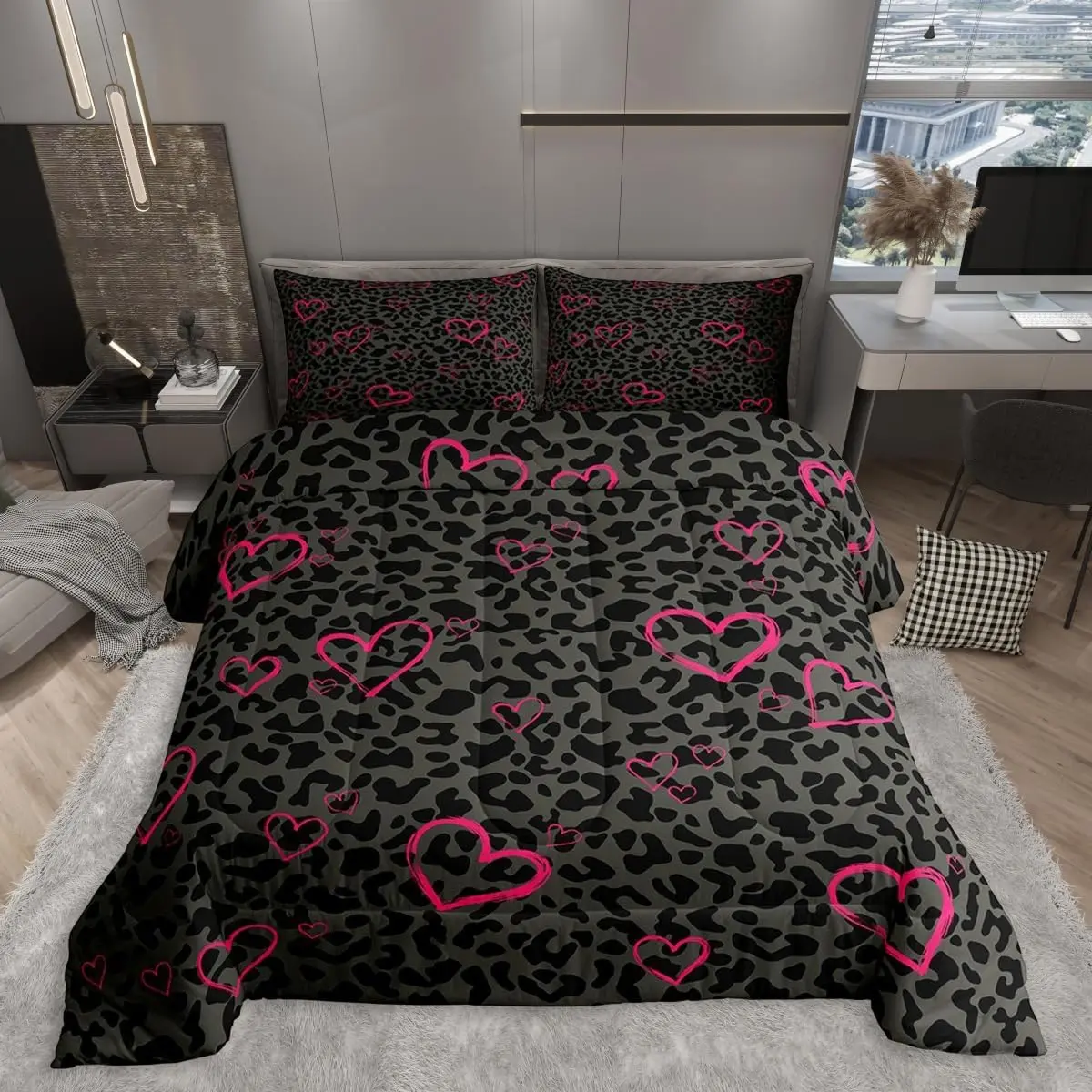 Grey Black Leopard Comforter Set,Pink Love Hearts Bedding Set,African Cheetah Print Duvet Insert,Farmhouse Rustic Bed Set for All Season