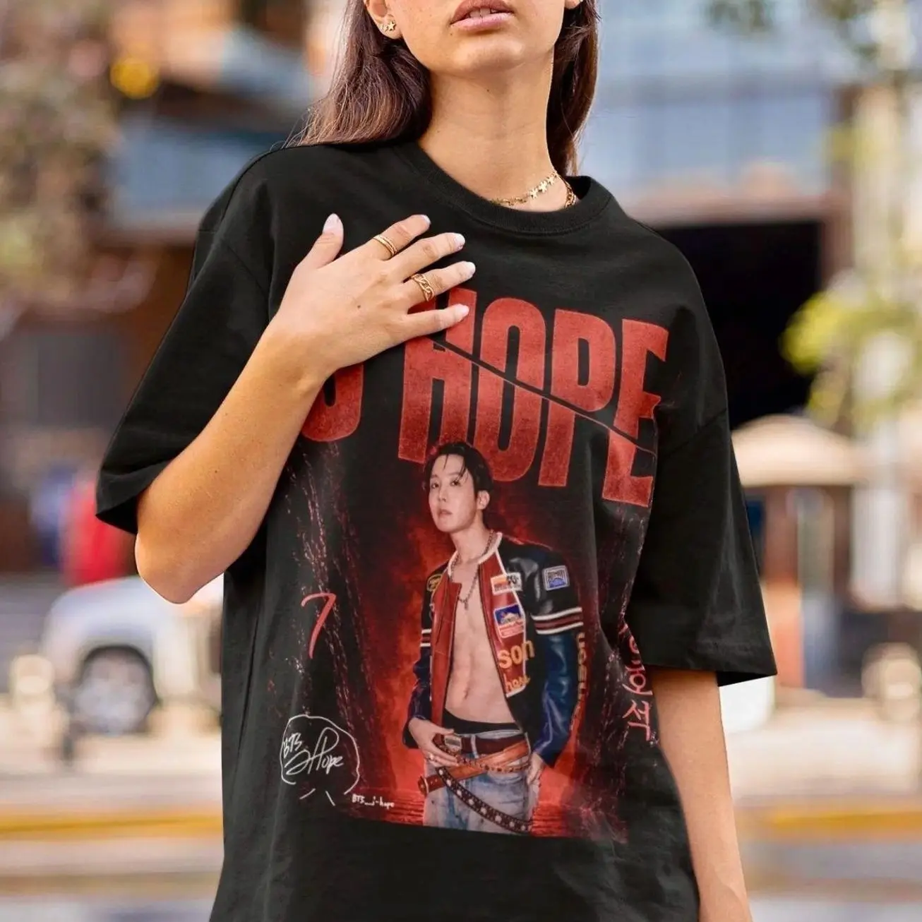 J-Hope Dramatic Portrait Organic Unisex T-Shirt - Large Front Red Black Design Kpop Merch DTF XKE 3R3