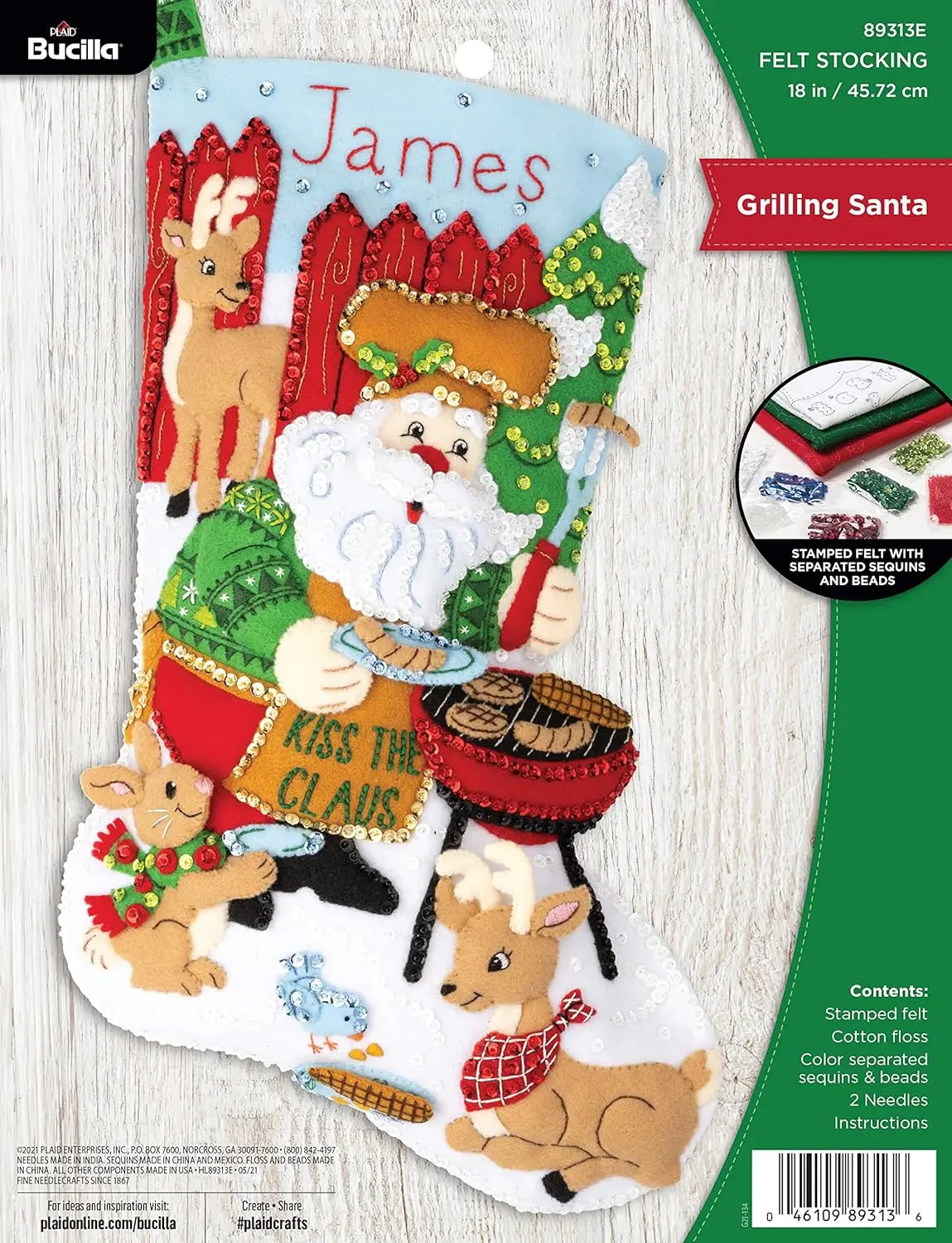 Bucilla 18 in Felt Stocking Making Kit - Cotton Felt Applique Set, Grill Master Santa Design, Color-Separated Sequins & Beads, Easy-Stitch, Embroidered Holiday Decor, Festive Gift Option, 89313E