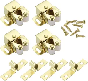 4 Pack Double Roller Catch Cabinet Door Latch Heavy Duty Latch Hardware with Spear Strike and Installation Screws for Kitchen Cabinet and Cupboard Golden