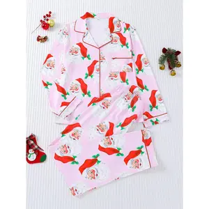 2-piece set of small grass red hat, Santa Claus Halloween long sleeved pants, soft and comfortable top, small pocket button top, elastic waistband suitable for all seasons home casual clothing