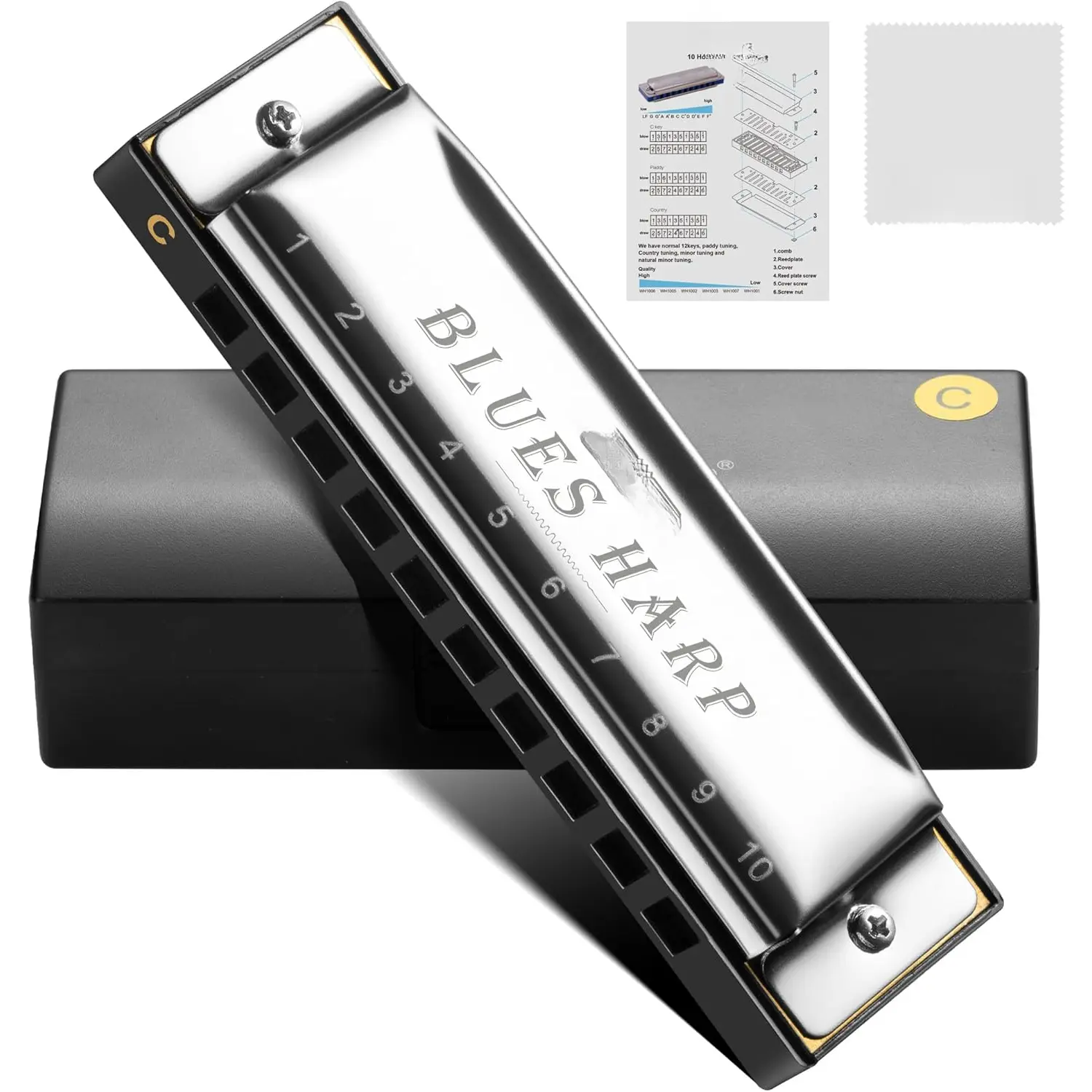 Blues Harmonica for Beginners & , 10 Hole C Key Diatonic Blues Harp with Stainless Steel Cover & Phosphor Bronze Reeds, Professional Grade for Adults, Students, Gifts ()
