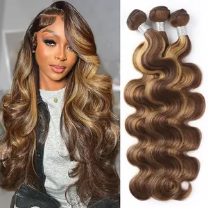 Ombre Human Hair Bundles P4/27 Brazilian Body Wave Bundles with 2x6 Closure Sew in #Fb 30 Ombre Brown Hair Bundles for Quick Weave Balayage Highlight Hair Extensions