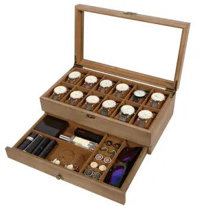 12-Slot Watch Box, 2-Layers Solid Wood Watch Display Case with Glass Lid, Watch Holder Organizer with Soft Pillow and Velvet Lining, Watch and Jewelry Storage Box, Brown, Black