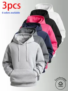 3-pack: men’s hooded sweatshirt, men’s sweatshirt. Loose fit with drawstring kangaroo pockets—super practical. Soft, comfortable, skin-friendly fabric. Simple solid-color design, available in multiple colors. Suitable for daily commuting, shopping, home w