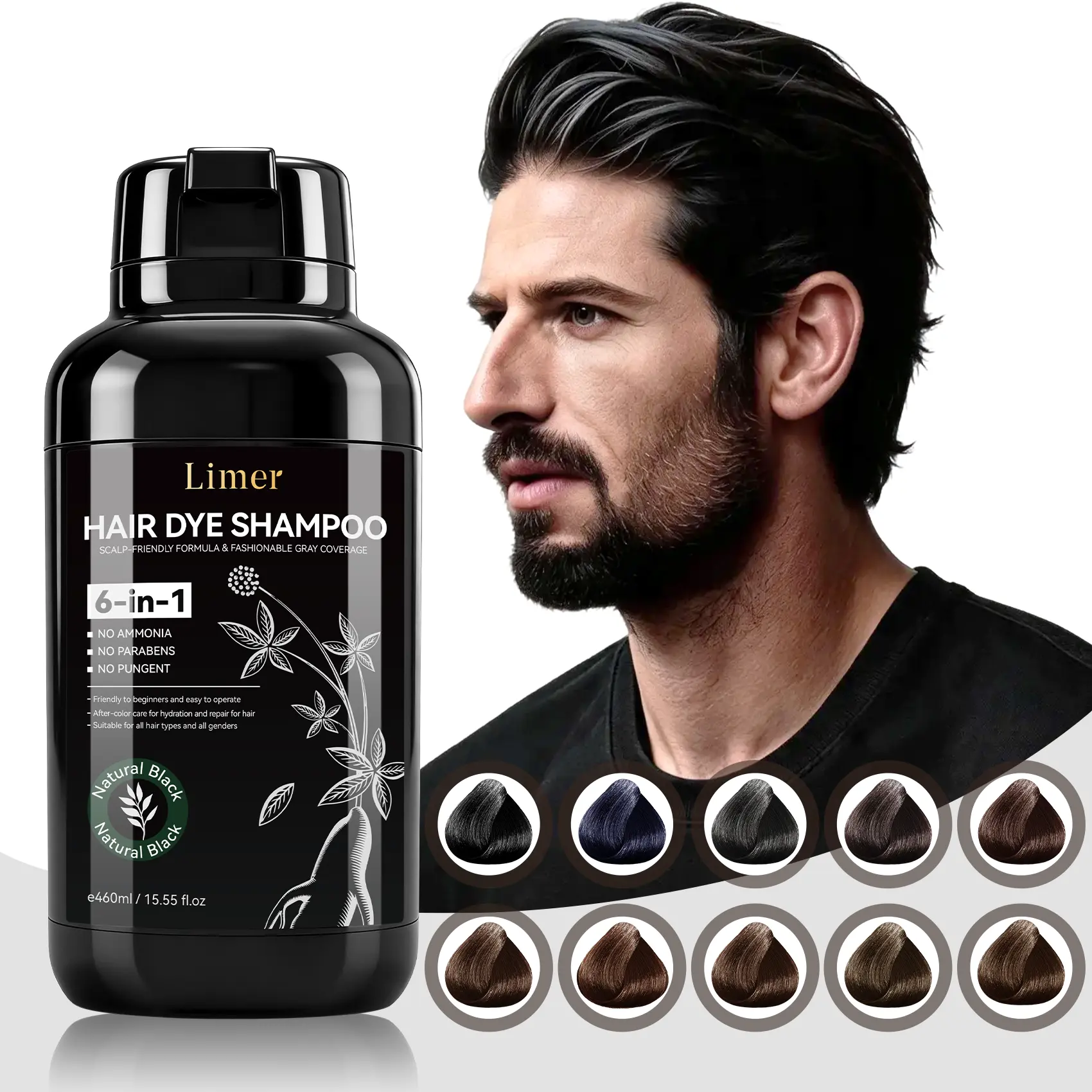 Limer 6-in-1 Men's Hair Dye Shampoo Cleanser - Argan Oil, No Bleach Herbal Formula, Ammonia-Free, Grey Coverage for Adults, Aging Hair Restore, Long-Lasting Haircare