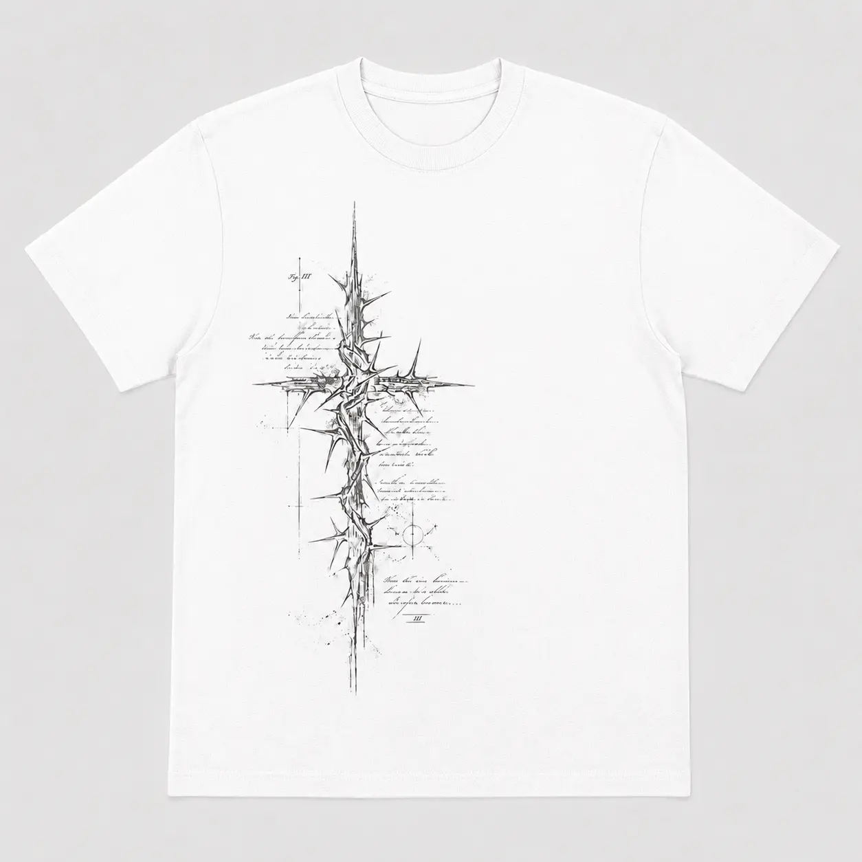 Unisex Gothic Retro Vintage Thorns Cross Graphic Alt Shirt - Breathable Cotton, Ultra-Soft Blend, Fading-Resistant, Dark Handwritten Script, Abstract Grunge Aesthetic, White Short-Sleeve Casual Men's Top, Alt Shirts, Graphical Print
