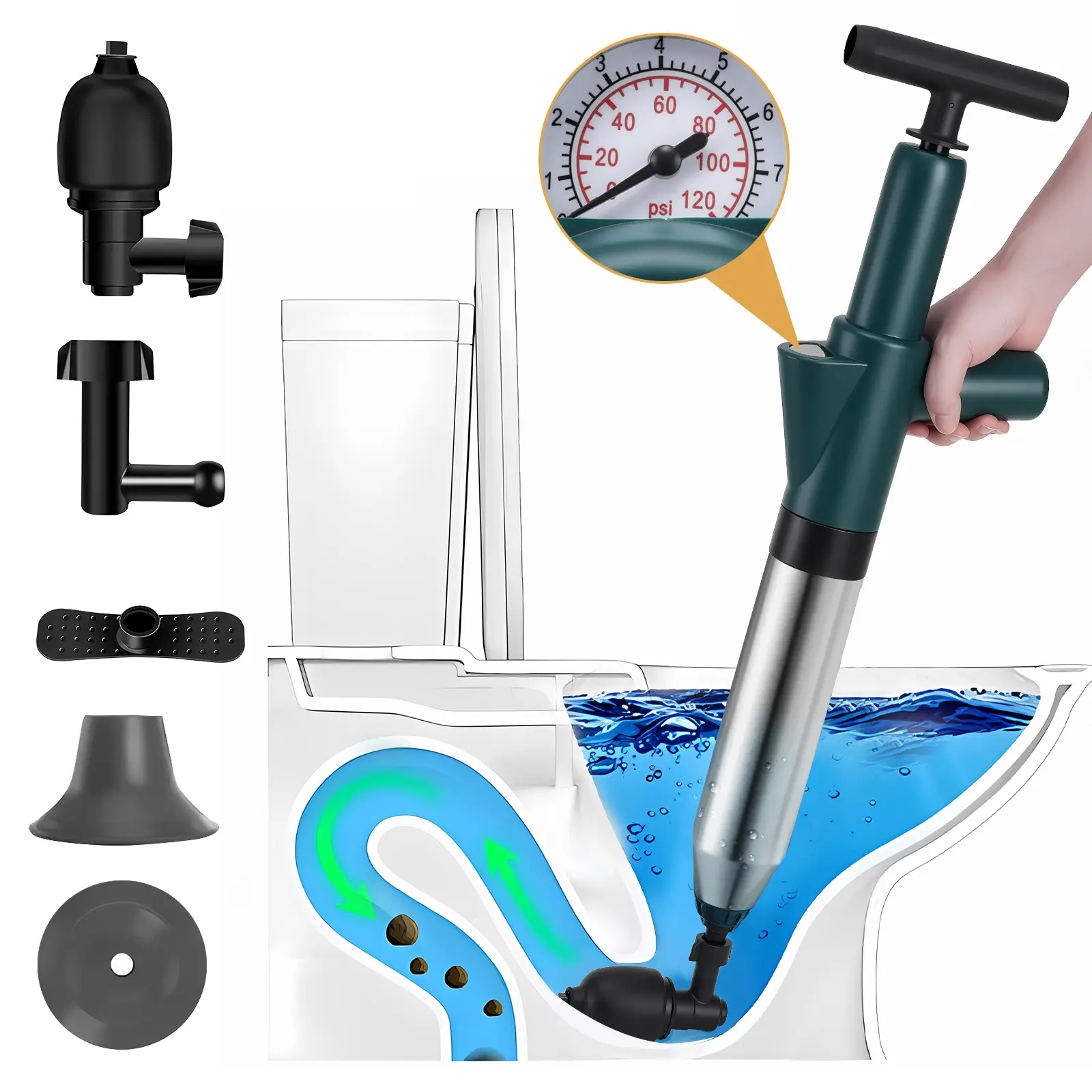 Manual High-Pressure Toilet Plunger with Stainless Steel Metal Snake - Durable, Easy-to-Use Clogging Cleaner for Kitchen/Bath Home Supplies, Toilet/Sink/Pipe