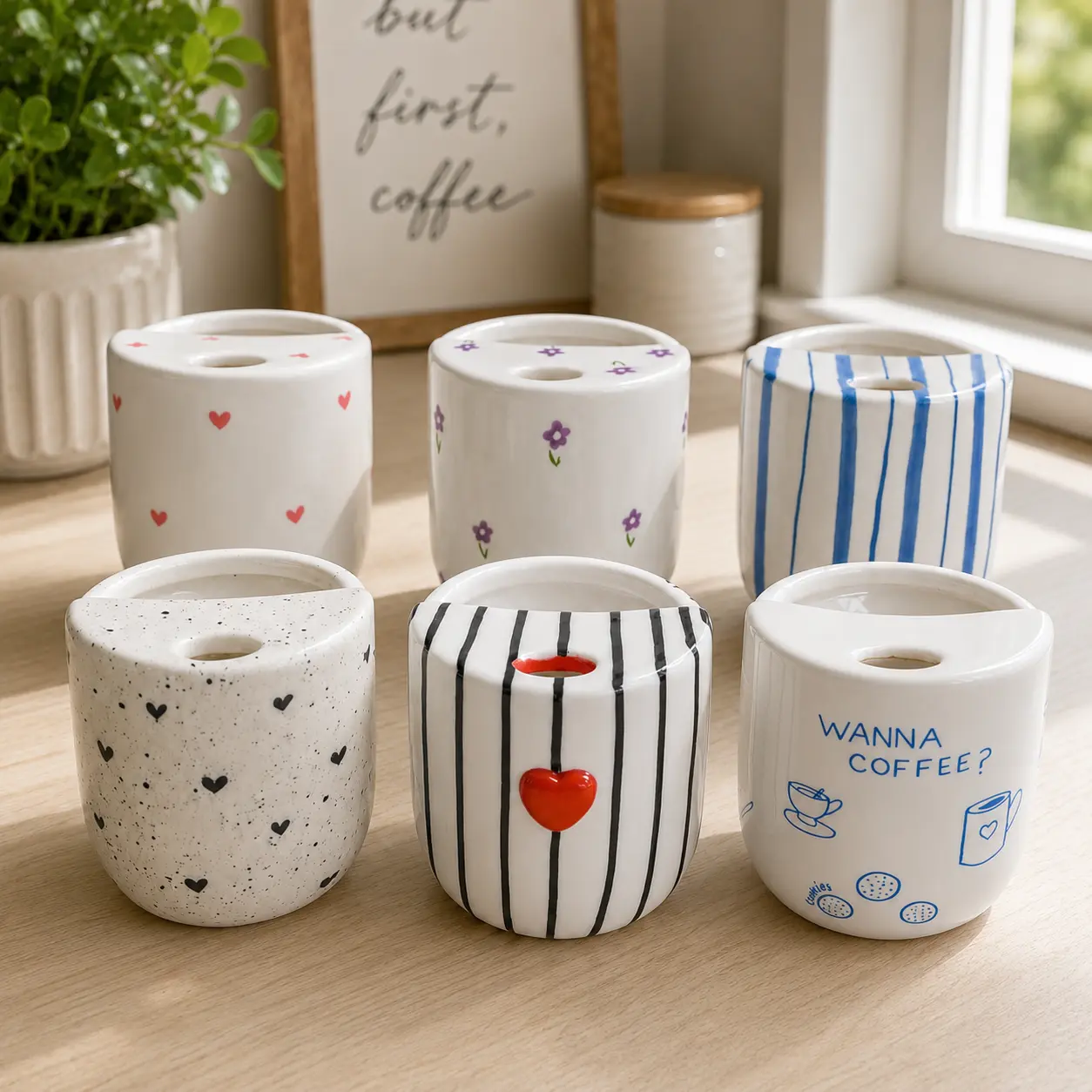 Handmade Glossy Ceramic Coffee Mug - 10 oz Cute Stripes Cup, Portable Reusable Washable Collectible with Sip Hole, Microwave-Safe, Dishwasher-Safe, Gift-Worthy Item for Coffee Lovers & Grandma (Blackheartmug/White), Collectibles