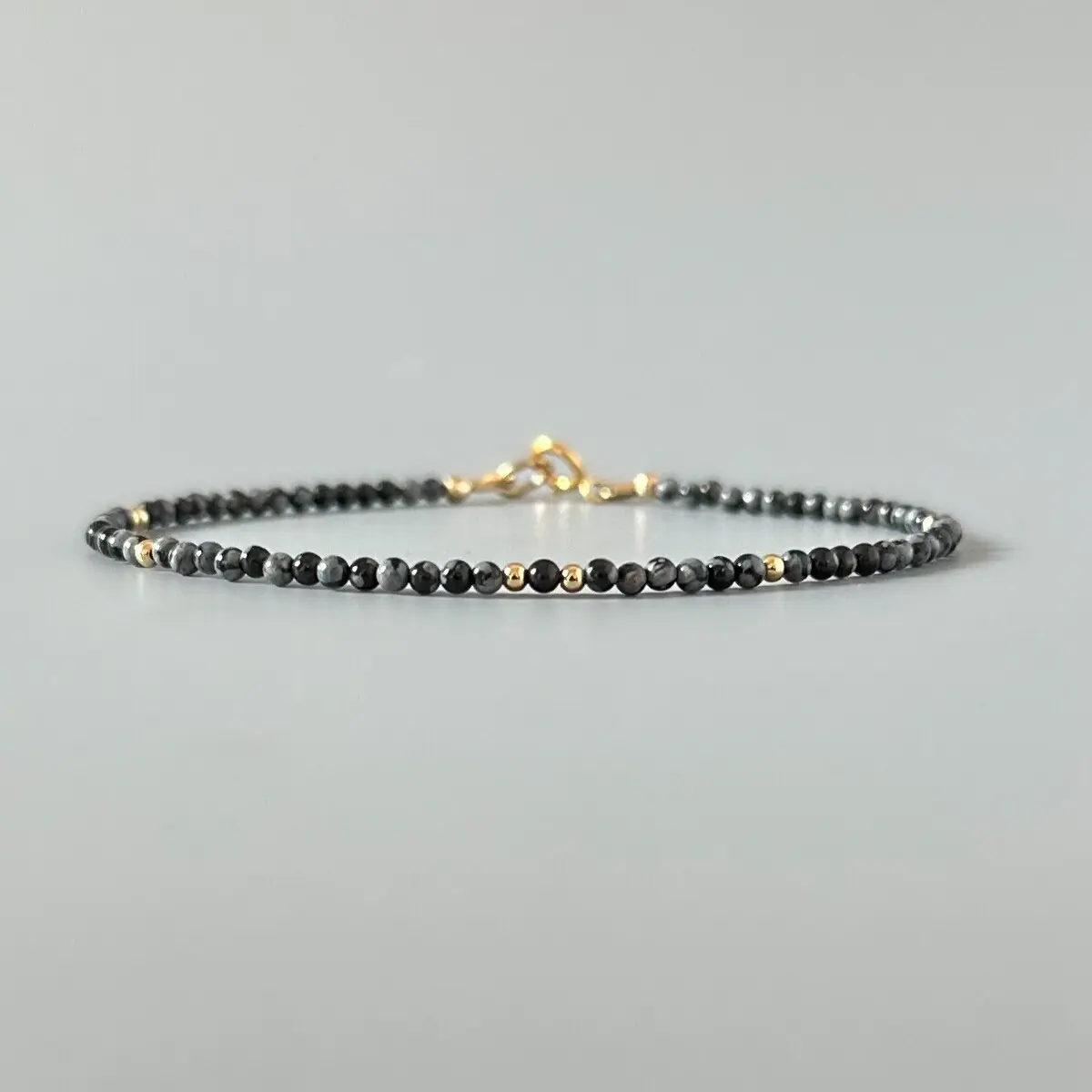 Women's Handmade Natural Snowflake Obsidian Bracelet, 3mm Tiny Black White Gemstone, Dainty Minimalist Stretch Fit Bracelets for Daily Wear, Adjustable Crystal Beaded Anklet