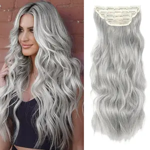 VOSILK Wavy Hair Extension for Women 4Pcs Black Mix Blonde Long Clip in Hair Extensions Soft Synthetic Hairpieces 20inch Silver Grey