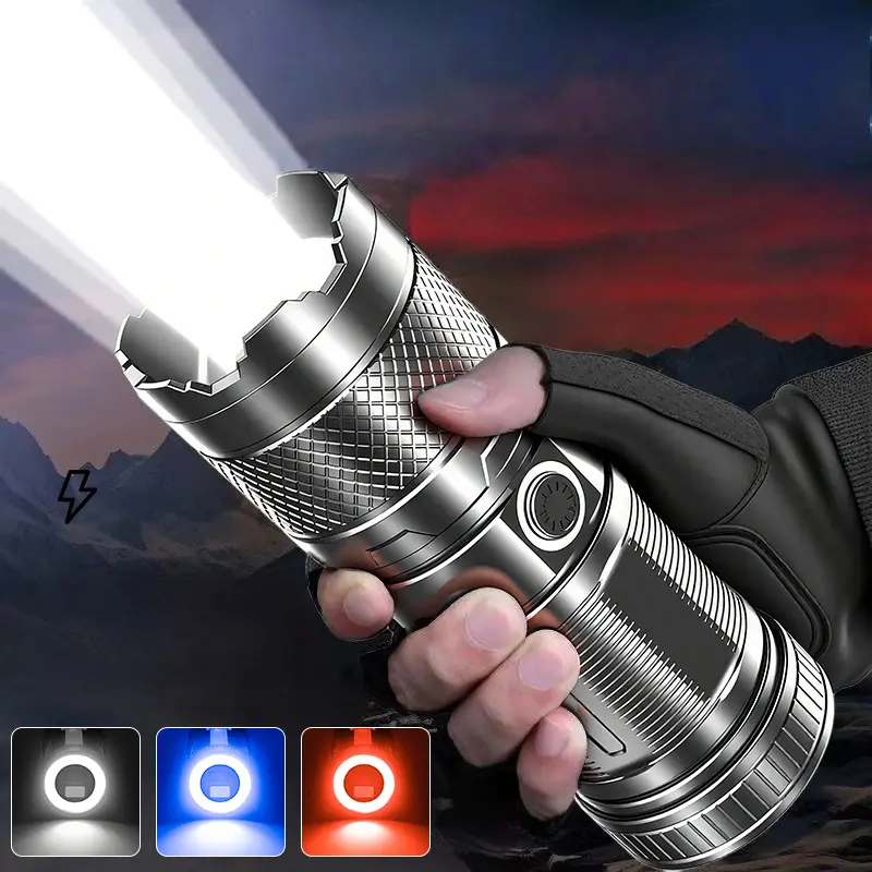 High Lumen LED Rechargeable Flashlight with 10 Modes & COB Side Light Zoomable Flashlight for Night Patrol Camping & Emergency Use Ultra-Bright Outdoor Flashlight
