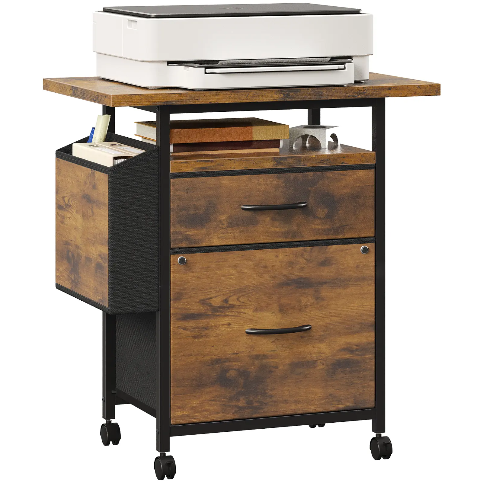 2-Drawer Mobile File Cabinet with 24'' Extended Desktop, Side Pocket - Rolling Office Printer Stand for Home Office, Fits A4/Letter Size Fabric Drawers