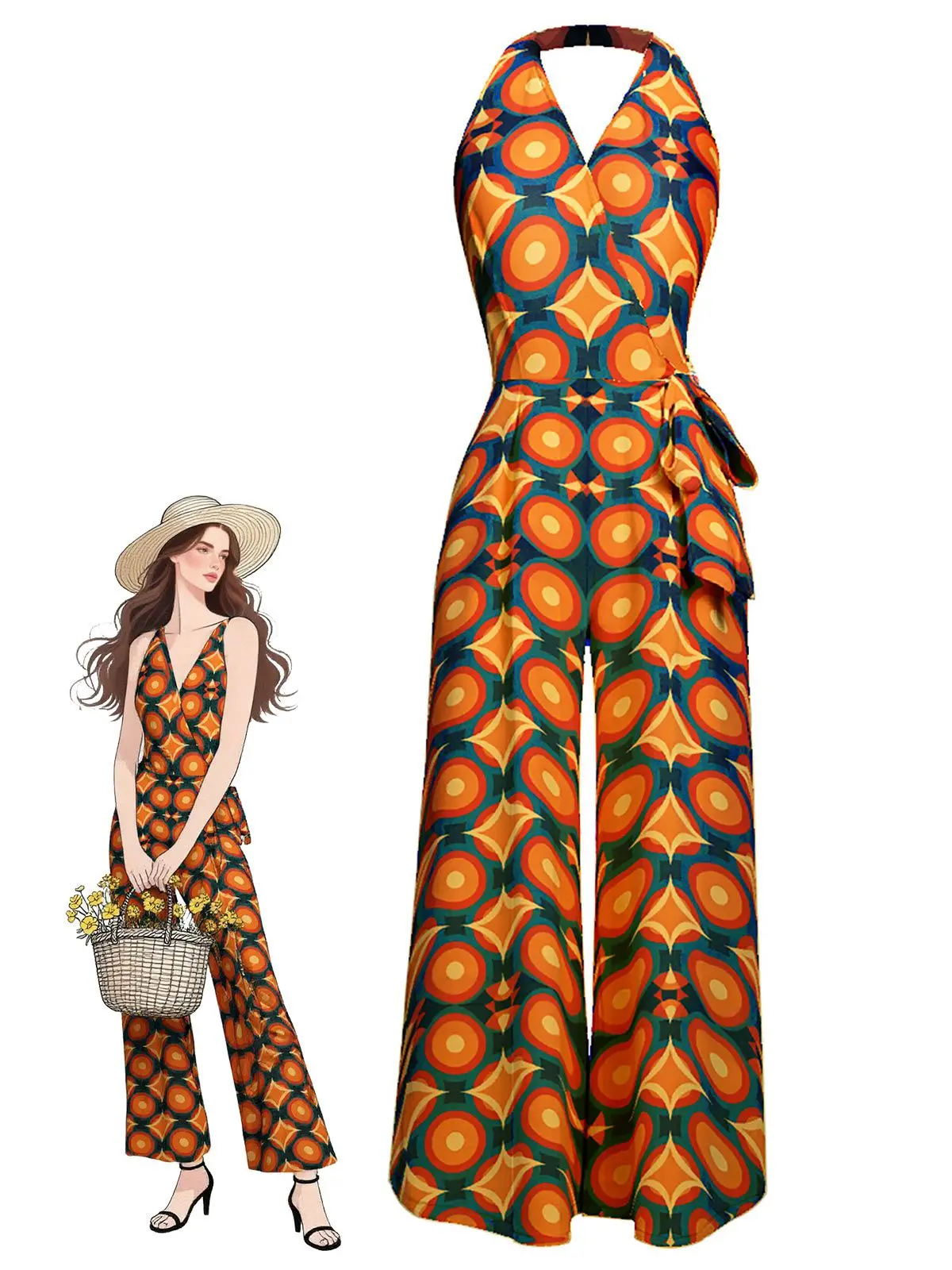 RETRO STAGE Women's 1970s Bohemian Car Graphic Sleeveless Halter Neck Ankle-Length Polyester Summer Jumpsuit with Side Zip, Back to School Outfit (Do Not Bleach)