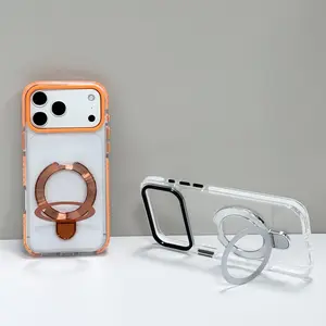 Luxury Clear Finish Pure Color Metal Stand Phone Case for iPhone 17 16 15 14 13 12 ProMax Pro Air Plus Skin-Friendly TPU Material Horizontally or Vertically Multi-angle Adjustable Stand Shockproof Drop-proof